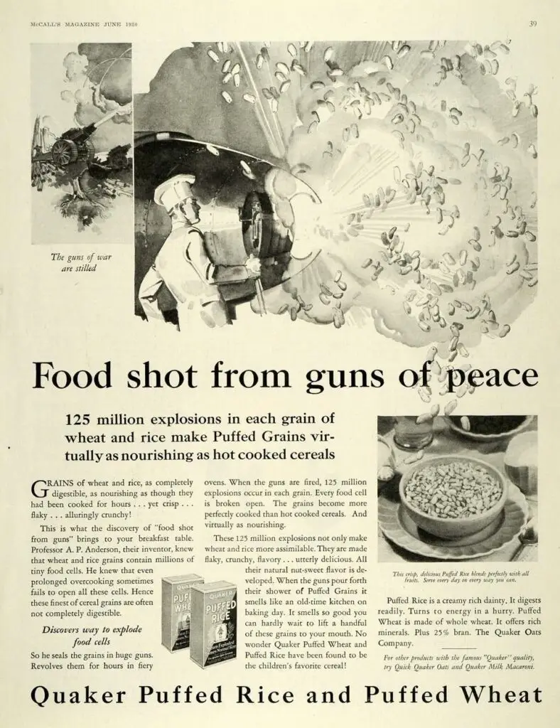 1920 Quaker Puffed Rice and Puffed Wheat ad titled Food Shot From Guns of Peace, referenced in Chad Ruiz’s Marketing Mountain episode on Claude Hopkins advertising