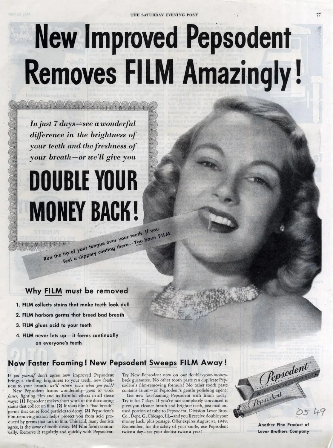 Vintage Pepsodent advertisement about removing film from teeth, referenced in Chad Ruiz’s Marketing Mountain episode on Claude Hopkins and toothbrushing habits v1