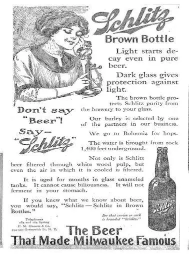 Vintage Schlitz Brown Bottle beer advertisement illustrating preemptive advertising claims discussed in Chad Ruiz’s Marketing Mountain podcast