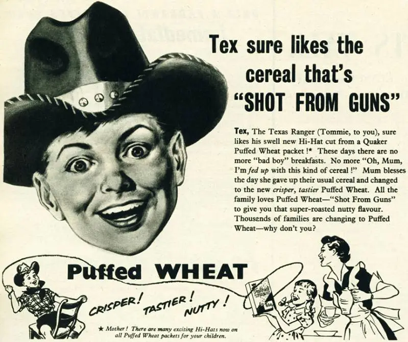 Vintage Puffed Wheat ad using the Shot From Guns campaign message discussed in Chad Ruiz’s Marketing Mountain episode on Claude Hopkins